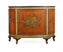 Y A SATINWOOD AND POLYCHROME PAINTED DEMI-LUNE COMMODE, IN GEORGE III STYLE, EARLY 20TH CENTURY