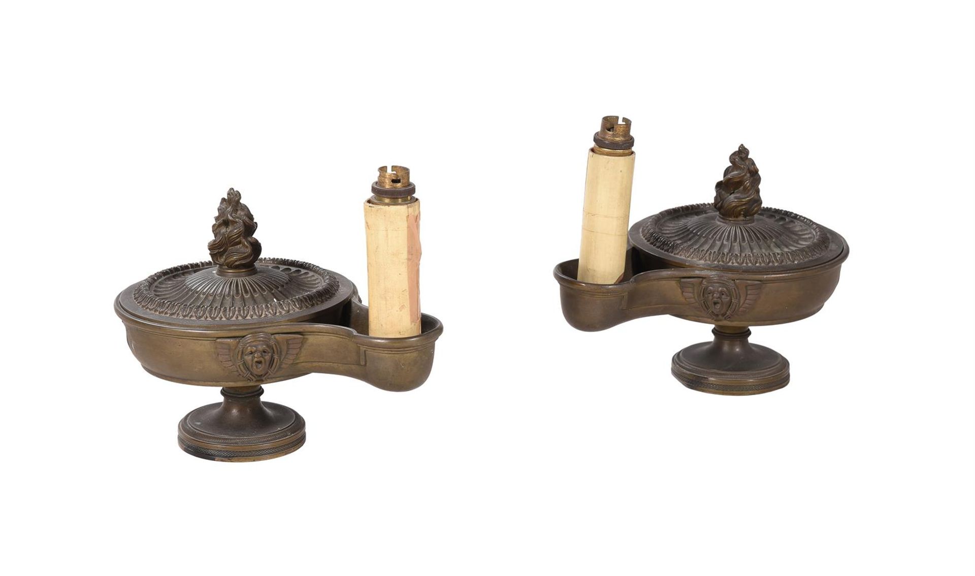 AFTER WILLIAM BULLOCK, A PAIR OF REGENCY BRONZE COLZA OIL LAMPS AND A PAIR OF EARLY 19TH TORCHERES - Image 2 of 4