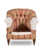 A LATE VICTORIAN WALNUT AND UPHOLSTERED ARMCHAIR, BY HOWARD & SONS, LATE 19TH CENTURY