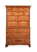 A GEORGE II BURR AND FIGURED WALNUT CHEST ON CHEST, CIRCA 1740