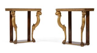 Y A PAIR OF ROSEWOOD AND PARCEL GILT CONSOLE TABLES, IN REGENCY STYLE, 19TH CENTURY ELEMENTS AND LAT