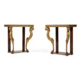 Y A PAIR OF ROSEWOOD AND PARCEL GILT CONSOLE TABLES, IN REGENCY STYLE, 19TH CENTURY ELEMENTS AND LAT