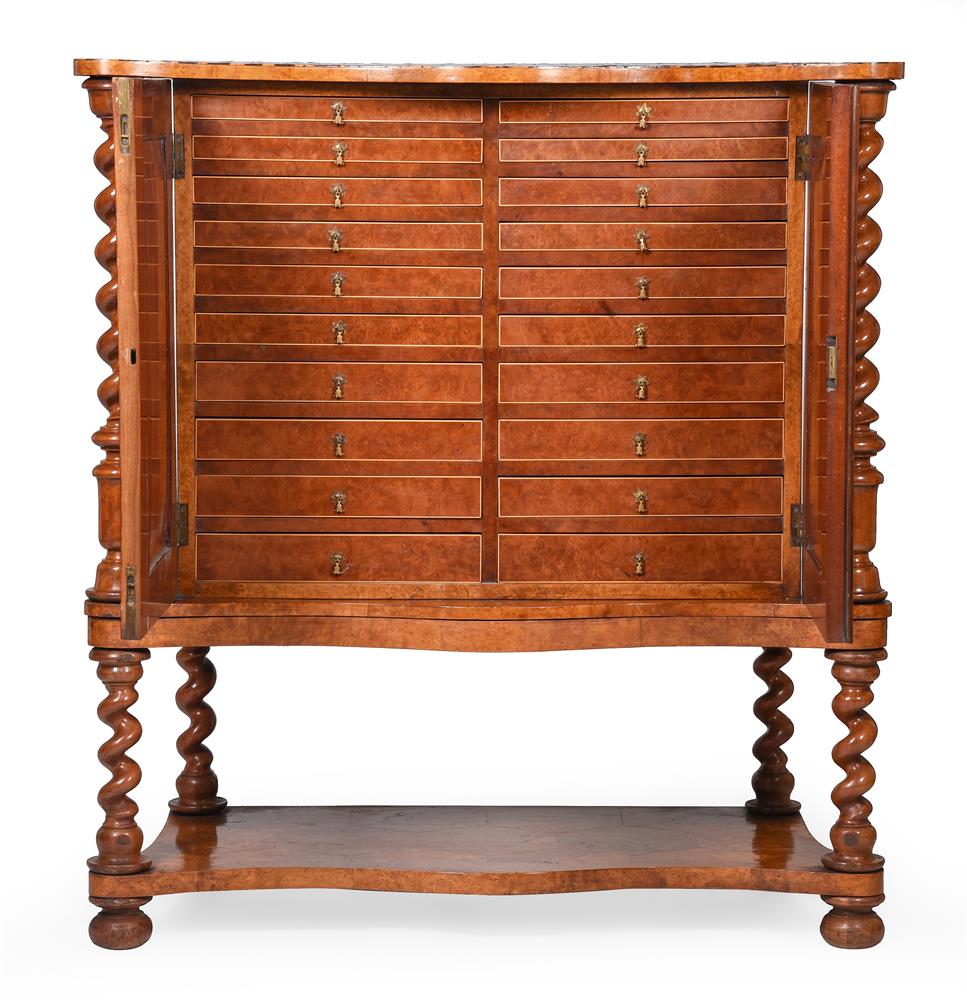 A VICTORIAN BURR WALNUT AND LABURNUM OYSTER VENERRED COLLECTORS CABINET ON STAND, CIRCA 1860 - Image 4 of 9