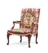 A GEORGE II MAHOGANY LIBRARY ARMCHAIR, MID 18TH CENTURY AND LATER NEEDLEWORK
