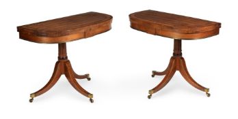 Y A PAIR OF REGENCY KINGWOOD, SATINWOOD CROSSBANDED AND BRASS INLAID CARD TABLES, CIRCA 1815