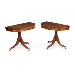 Y A PAIR OF REGENCY KINGWOOD, SATINWOOD CROSSBANDED AND BRASS INLAID CARD TABLES, CIRCA 1815