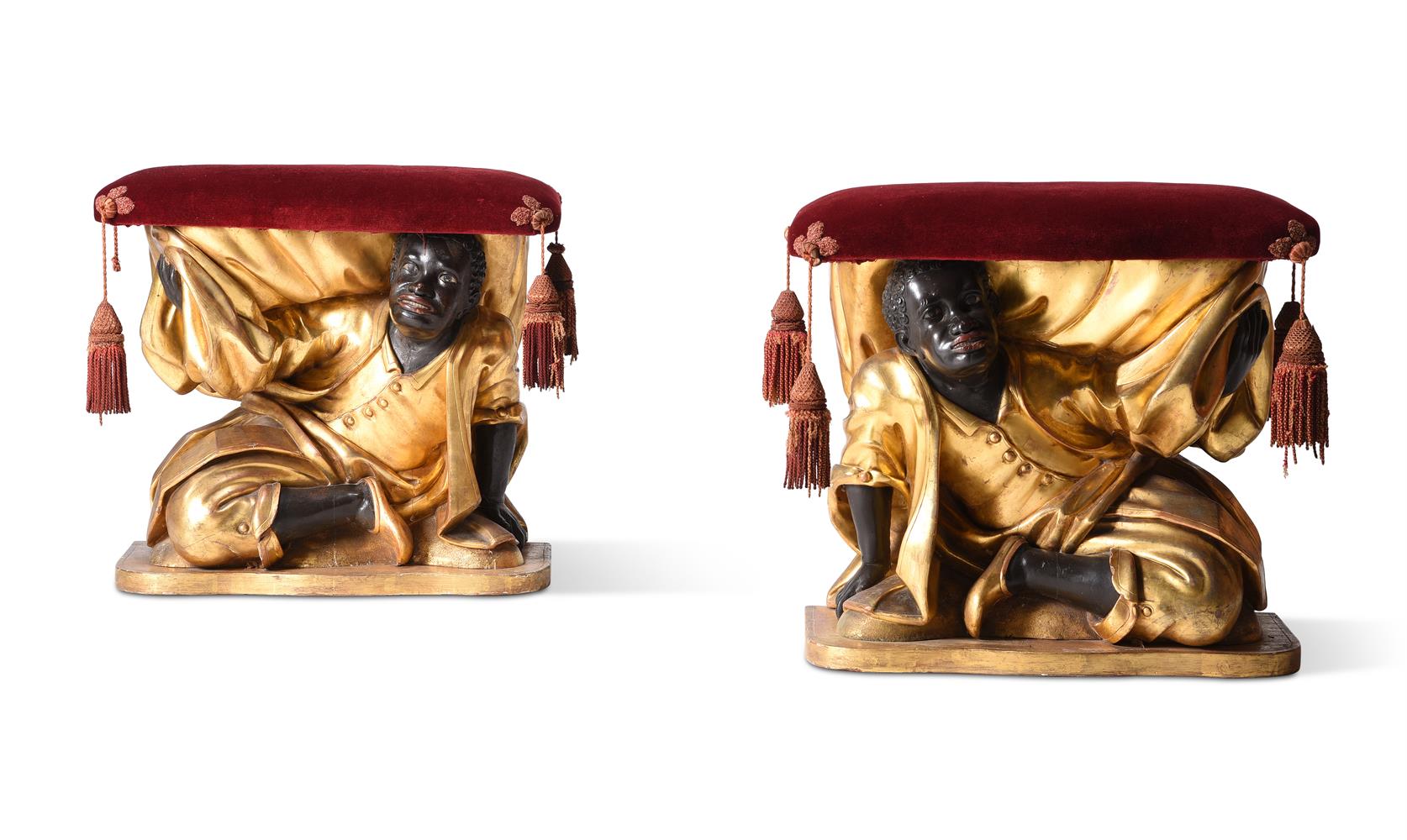 Y A PAIR OF ITALIAN GILTWOOD AND EBONISED 'BLACKAMOOR' STOOLS, 19TH CENTURY - Image 2 of 4