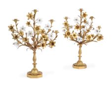 A PAIR OF FRENCH ORMOLU AND GLASS MOUNTED SIX-LIGHT CANDELABRA, LATE 19TH/EARLY 20TH CENTURY