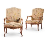 A PAIR OF FRENCH BEECH AND NEEDLEWORK FAUTEUILS OR ARMCHAIRS, IN LOUIS XV STYLE