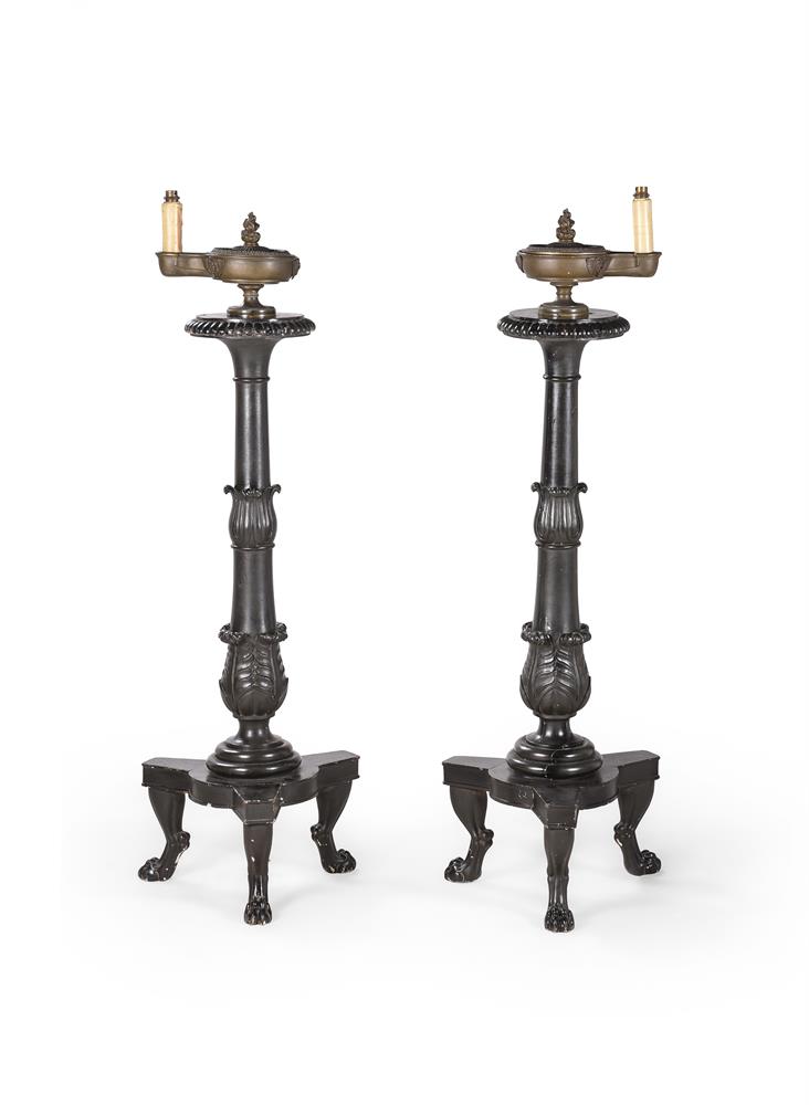AFTER WILLIAM BULLOCK, A PAIR OF REGENCY BRONZE COLZA OIL LAMPS AND A PAIR OF EARLY 19TH TORCHERES