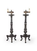 AFTER WILLIAM BULLOCK, A PAIR OF REGENCY BRONZE COLZA OIL LAMPS AND A PAIR OF EARLY 19TH TORCHERES
