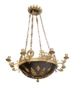 AN EMPIRE REVIVAL GILT METAL AND EBONISED-LIGHT CHANDELIER, CIRCA 1860