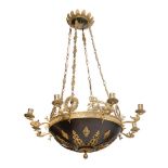 AN EMPIRE REVIVAL GILT METAL AND EBONISED-LIGHT CHANDELIER, CIRCA 1860