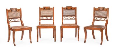 Y A SET OF FOUR SATINWOOD AND POLYCHROME PAINTED CHAIRS, IN GEORGE III STYLE
