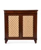 Y A REGENCY ROSEWOOD, SATINWOOD CROSSBANDED AND BRASS INLAID SIDE CABINET, IN THE MANNER OF GILLOWS