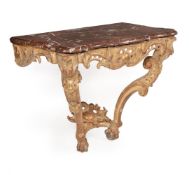 AN ITALIAN CARVED GILTWOOD CONSOLE TABLE, POSSIBLY PIEDMONT, MID 18TH CENTURY
