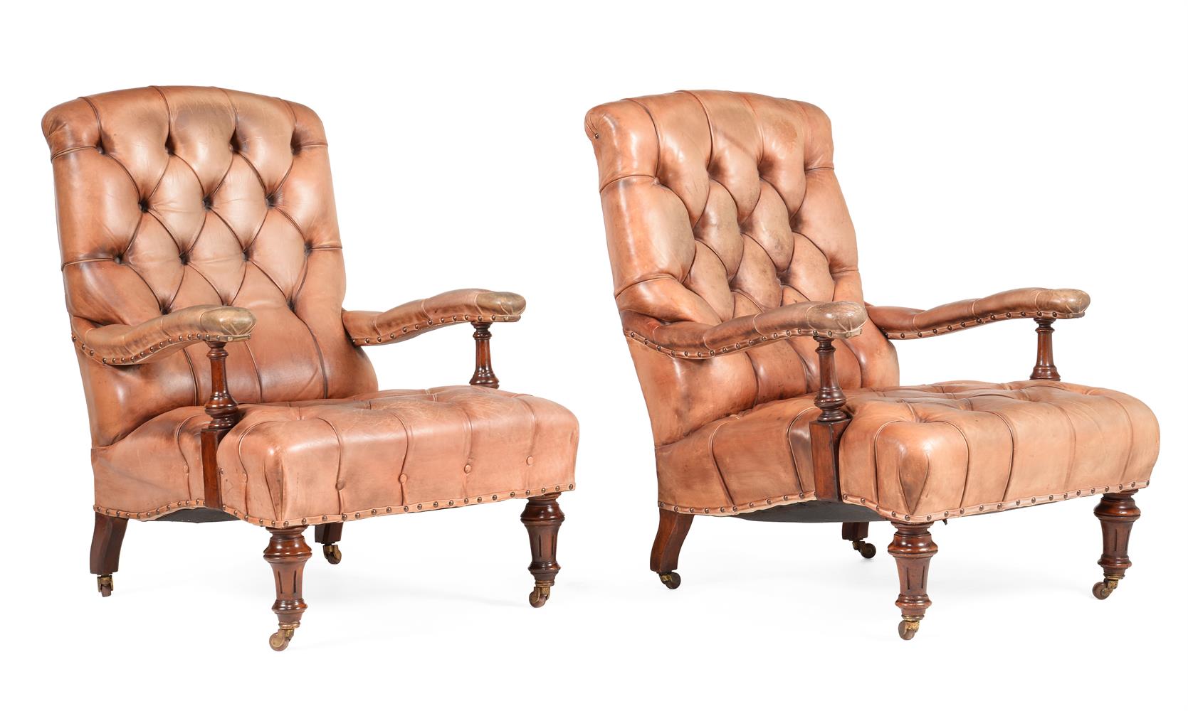 A PAIR OF VICTORIAN WALNUT AND BUTTONED LEATHER UPHOLSTERED ARMCHAIRS, IN THE MANNER OF HOLLAND & SO - Image 2 of 3