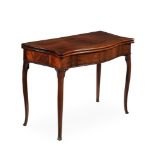 A GEORGE III MAHOGANY SERPENTINE FOLDING CARD TABLE, IN THE MANNER OF GEORGE HEPPLEWHITE