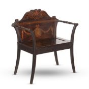 A MAHOGANY AND MARQUETRY HALL SEAT, IN GEORGE III STYLE, LATE 19TH CENTURY