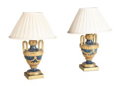 A PAIR OF GILT AND PAINTED SIMULATED LAPIS WOOD LAMP BASES, 20TH CENTURY