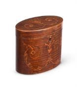 A GEORGE III HAREWOOD AND MARQUETRY TEA CADDY, IN THE MANNER OF GILLOWS, CIRCA 1790