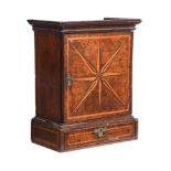 A GEORGE II OAK, BURR OAK AND INLAID SPICE CUPBOARD OR TABLE TOP CABINET, CIRCA 1740