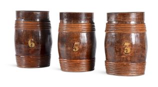 A SET OF THREE PAINTED AND STAINED OAK DISPLAY BARRELS, 19TH CENTURY
