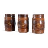 A SET OF THREE PAINTED AND STAINED OAK DISPLAY BARRELS, 19TH CENTURY