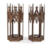 A PAIR OF LARGE VICTORIAN WROUGHT IRON HEXAGONAL LANTERNS, IN GOTHIC STYLE, SECOND HALF 19TH CENTURY