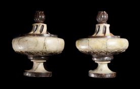 A PAIR OF SWEDISH CREAM PAINTED FINIALS OR WALL BRACKETS, LATE 18TH OR EARLY 19TH CENTURY