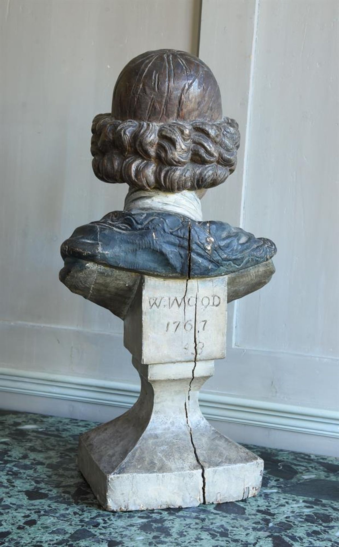 A RARE GEORGE III CARVED AND PAINTED PORTRAIT BUST OF THE SHIPBUILDER WILLIAM WOOD - Image 3 of 6