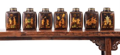 A SET OF SEVEN VICTORIAN TOLE PEINTE TEA CANNISTERS MID 19TH CENTURY Each with painted a Chinese f