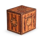Y A RARE GEORGE III SPECIMEN PARQUETRY AND MARQUETRY TEA CADDY, IN THE MANNER OF GEORGE HEPPLEWHITE
