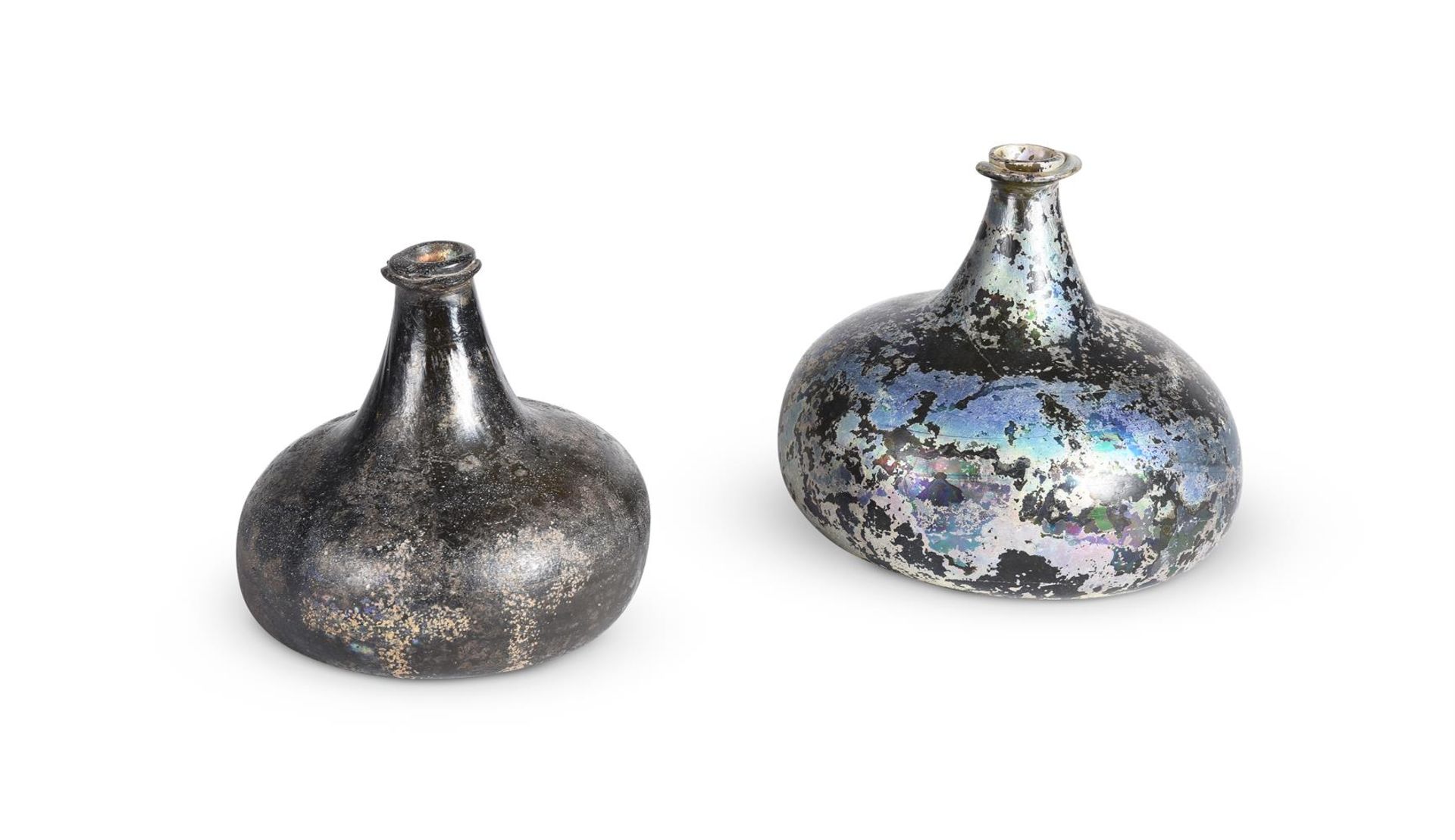 TWO 'ONION' SHAPE WINE BOTTLES, ENGLISH, EARLY 18TH CENTURY
