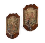 A PAIR OF GEORGE I WALNUT, PARCEL GILT AND NEEDLEWORK WALL SCONCES, CIRCA 1720