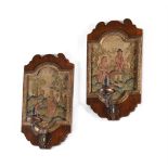 A PAIR OF GEORGE I WALNUT, PARCEL GILT AND NEEDLEWORK WALL SCONCES, CIRCA 1720