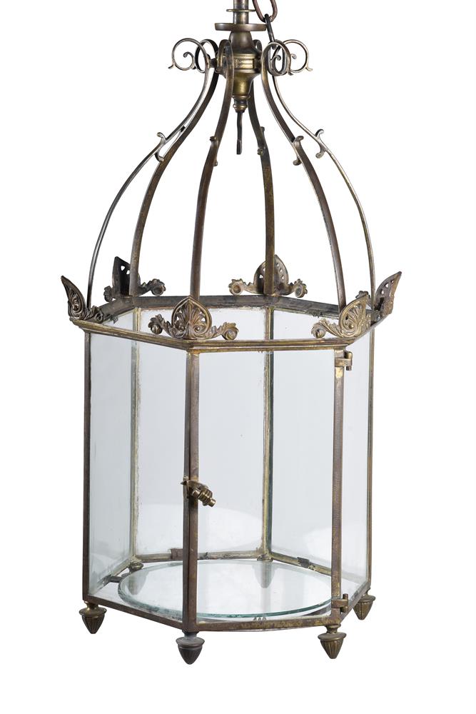 A GILT METAL HALL HEXAGONAL HALL LANTERN, EARLY 19TH CENTURY