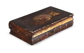 A GEORGE III PAINTED AND PARCEL GILT NOVELTY INK STAND IN THE FORM OF TWO STACKED BOOKS