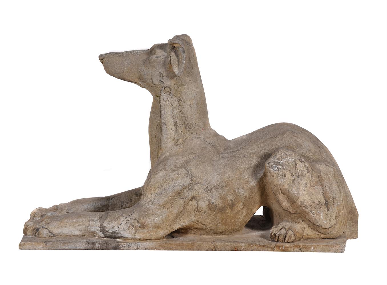 A PAIR OF CARVED STONE MODELS OF RECUMBENT HOUNDS, 19TH CENTURY - Image 4 of 7