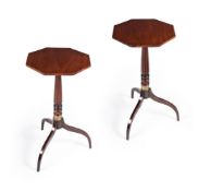 A PAIR OF MAHOGANY AND BRASS OCTAGONAL TRIPOD TABLES, IN REGENCY STYLE