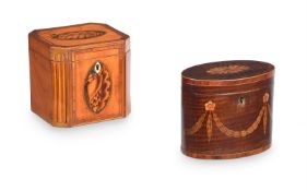 Y A GEORGE III SATINWOOD AND MARQUETRY TEA CADDY, CIRCA 1790