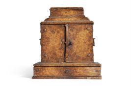 A SMALL PAINTED FAUX BURR WOOD TABLE TOP CABINET, PROBABLY GERMAN OR FRENCH, 17TH CENTURY