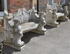 A PAIR OF CARVED WHITE MARBLE GARDEN BENCHES, IN RENAISSANCE STYLE, LATE 20TH CENTURY