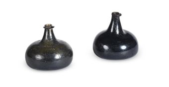 TWO OLIVE-GREEN TINT 'ONION' SHAPE WINE BOTTLES, ENGLISH, EARLY 18TH CENTURY