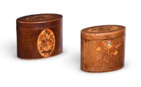 Y TWO GEORGE III HAREWOOD AND MARQUETRY TEA CADDIES, IN THE MANNER OF GILLOWS, CIRCA 1790