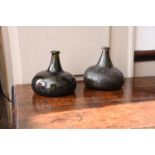 TWO SIMILAR OLIVE-GREEN TINT 'ONION' WINE BOTTLES, ENGLISH, EARLY 18TH CENTURY