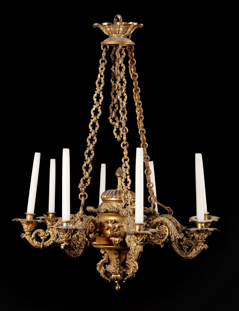 A FRENCH GILT BRASS EIGHT LIGHT CHANDELIER, LAST QUARTER 19TH CENTURY