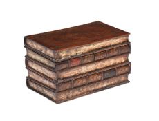 A GEORGE III WALNUT NOVELTY TEA CADDY IN THE FORM OF A STACK OF BOOKS, LATE 18TH/ EARLY 19TH CENTURY