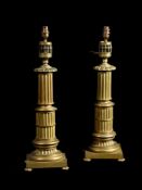 A LARGE PAIR OF BRASS COLUMNAR TABLE LAMPS, 19TH CENTURY