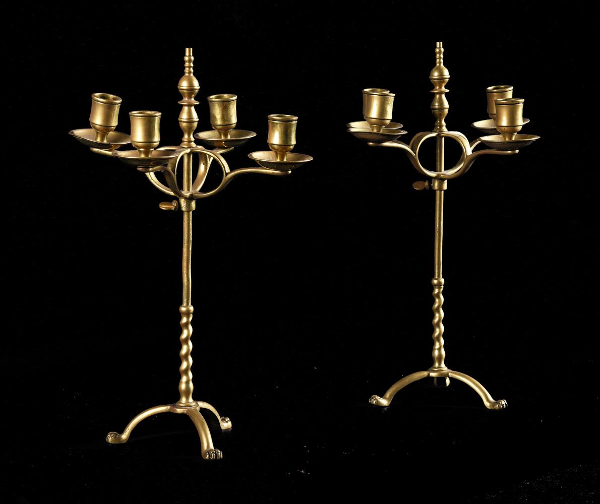 A PAIR OF BRASS ADJUSTABLE FOUR-LIGHT CANDELABRA, PROBABLY DUTCH, 19TH CENTURY